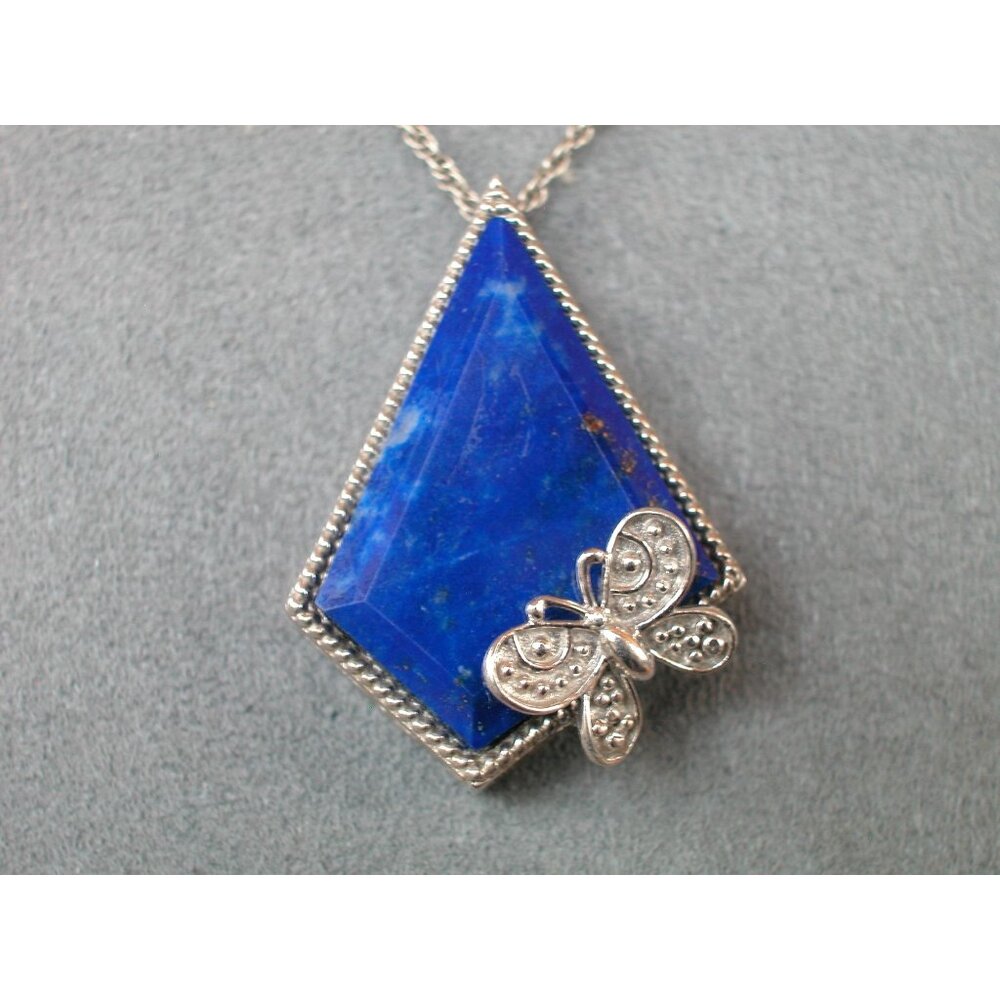 Sterling Silver .925 Lapis Lazuli Pendant Necklace With Butterfly Accent